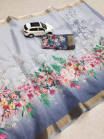 Elegant Linen Saree with Gold Jari Patta & All-Over Digital Print | With Matching Blouse image 7