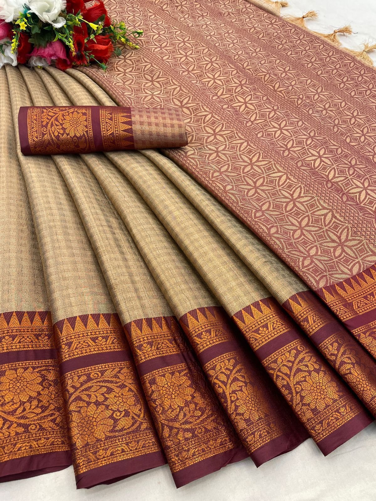 KHANGULAB - Pure Mercerised Copper Silk Saree with Contrast Border & Pallu image 0