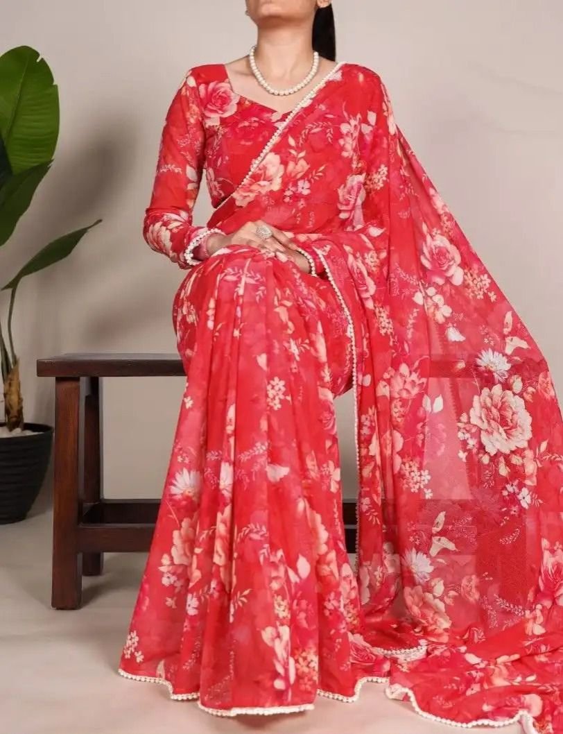 Floral Weightless Marbal Saree with Pearl Lace Border image 1