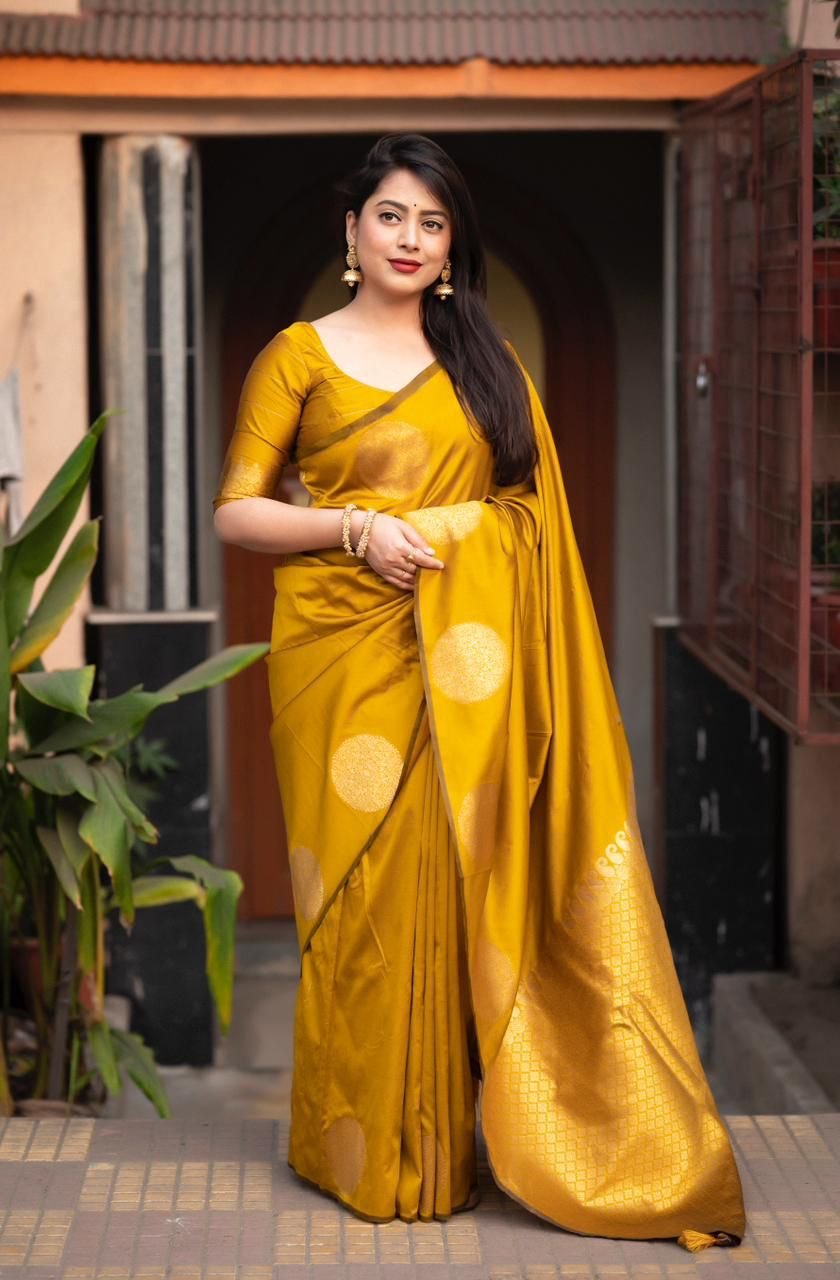 Soft Lichi Silk Saree with Rich Jacquard Weaving - Mustard Yellow image