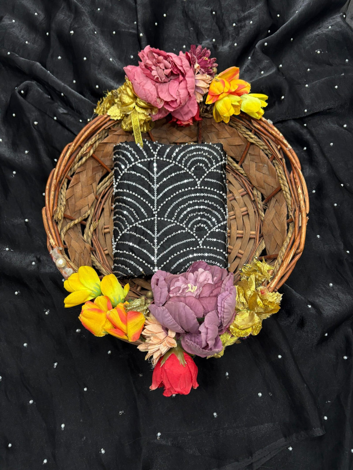 Elegant Space Silk Saree with Moti Work & Full Heavy Bits Work Blouse image 5