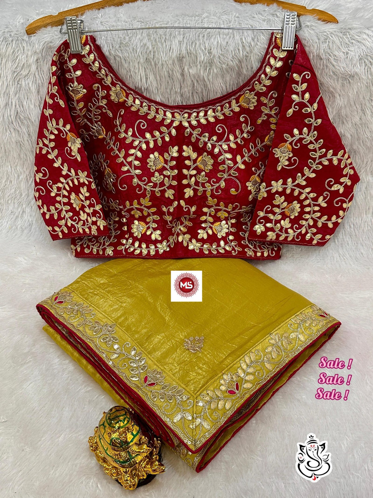Premium Gold Crush Saree with Rich Gotapatti & Sequence Work + Stitched Blouse - Mustard Yellow image