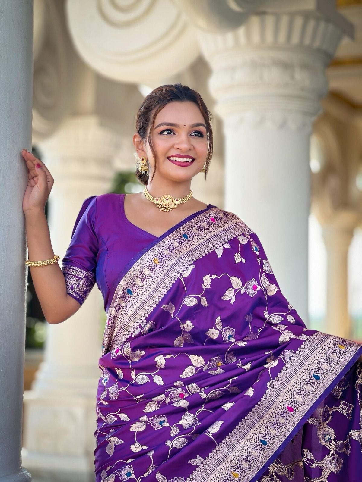 Purple Soft Lichi Silk Saree with Rich Jacquard Work & Contrast Blouse image 1
