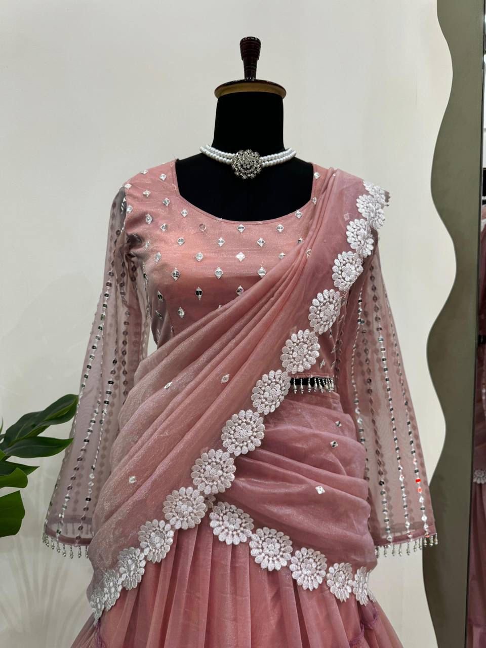 Ready-to-Wear Twill Organza Lehenga Saree with Ruffle Draping & Thread Work image 6