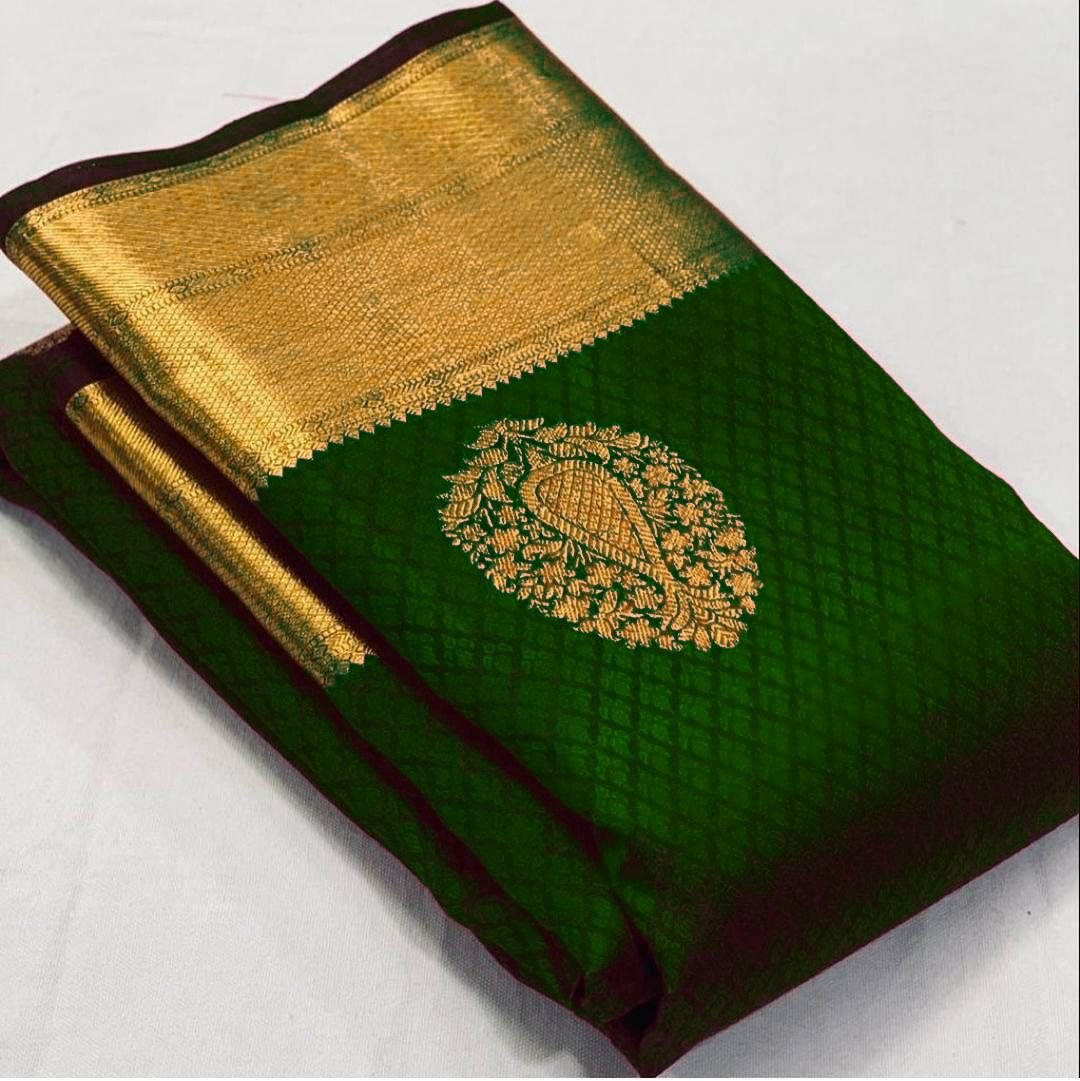Soft Lichi Silk Saree with Rich Pallu & Jacquard Work - Bottle Green image