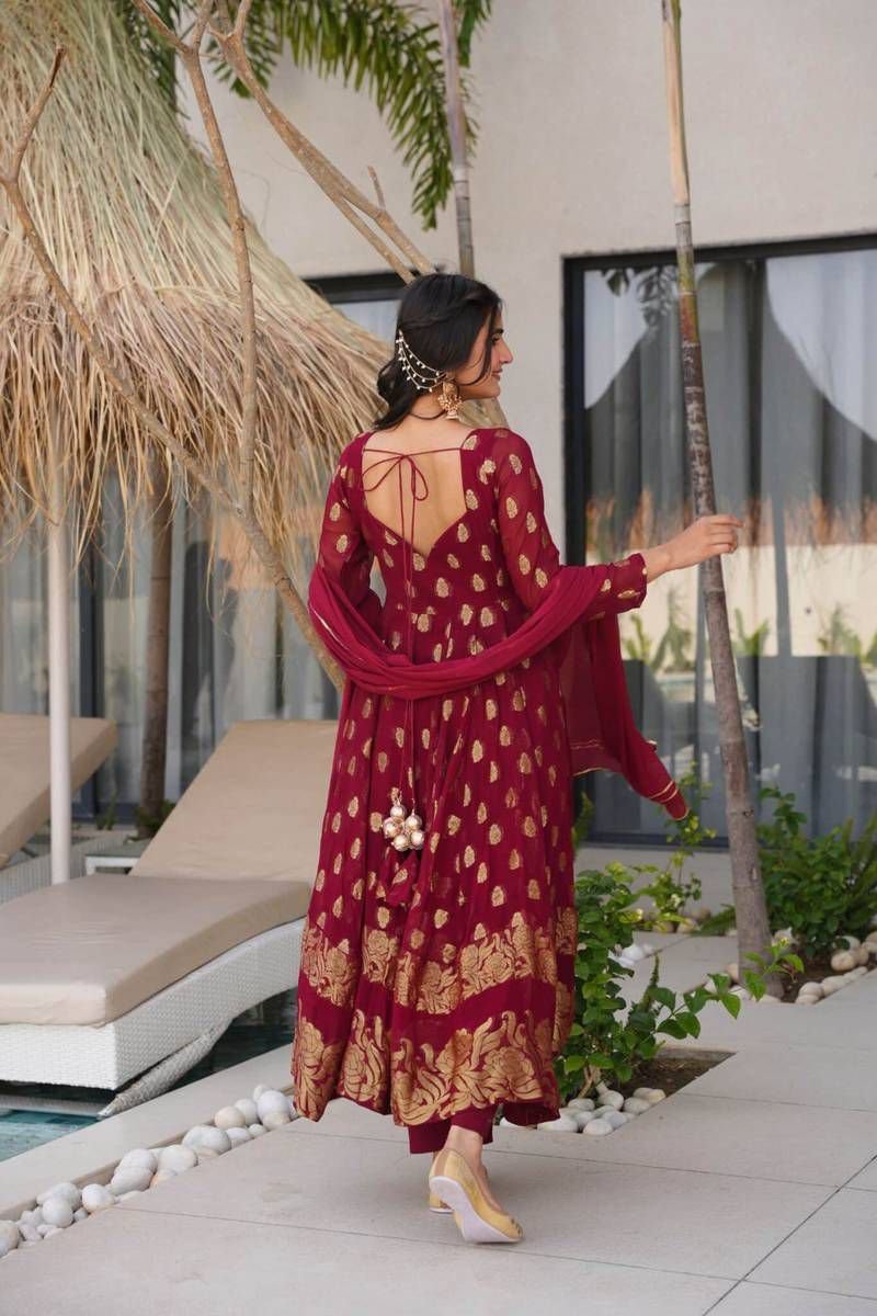 Elegant 3-Piece Anarkali Set – Jequard Anarkali with Micro Cotton Pants & Foux Gorgette Dupatta image 1