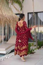 Elegant 3-Piece Anarkali Set – Jequard Anarkali with Micro Cotton Pants & Foux Gorgette Dupatta image 1