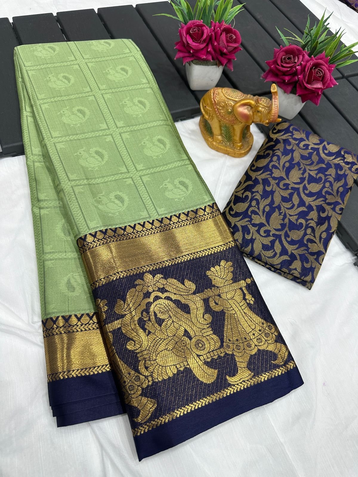 Aura-Palakhi Pure Mercerised Cotton Silk Saree with Contrast Pallu & Blouse image 5