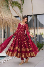 Elegant 3-Piece Anarkali Set – Jequard Anarkali with Micro Cotton Pants & Foux Gorgette Dupatta - L image