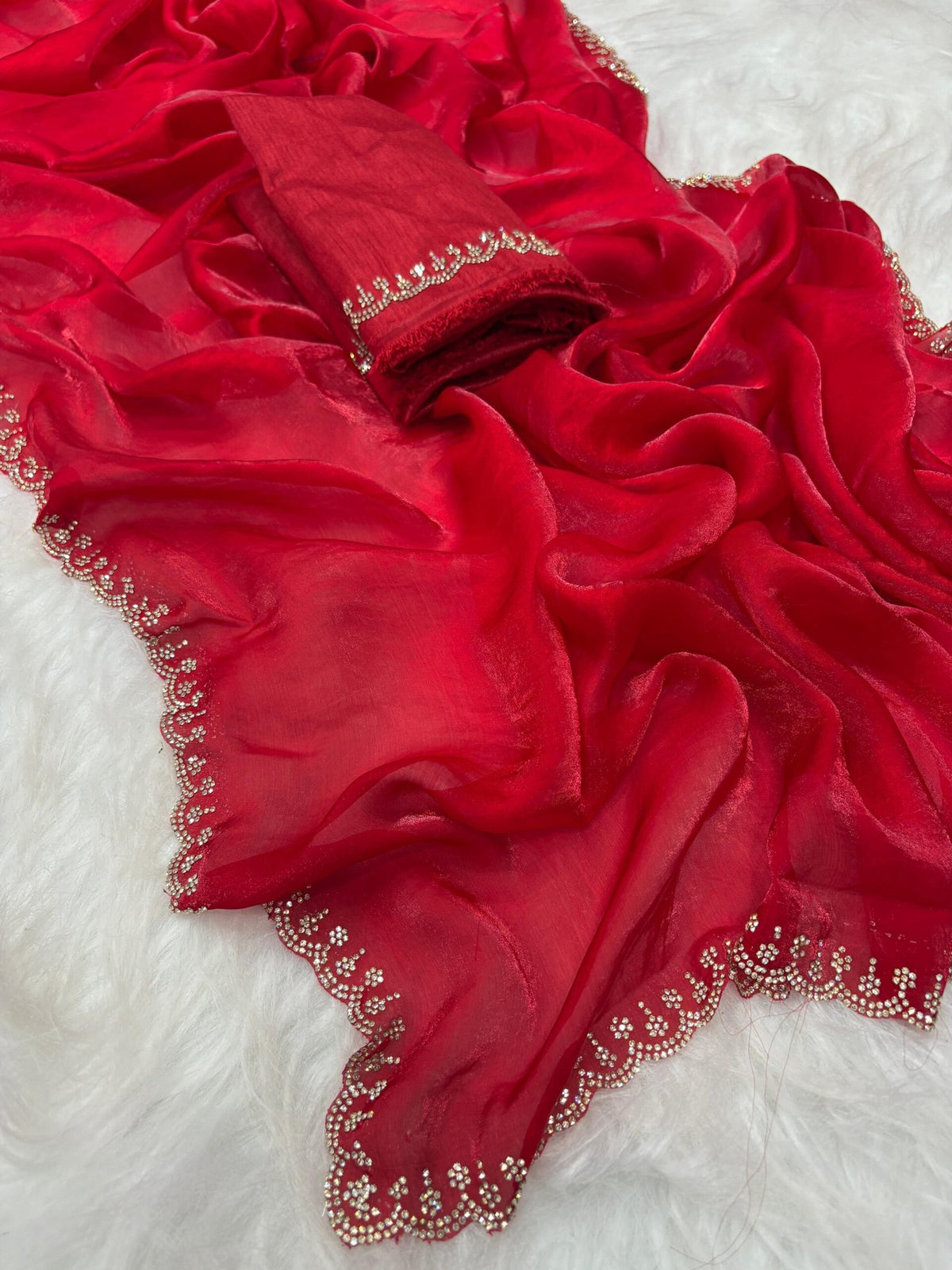 Stunning Pink Satin Space Silk Saree with Original Jarkhan Diamond Work – Perfect for Sangeet & Cocktail Nights image 10