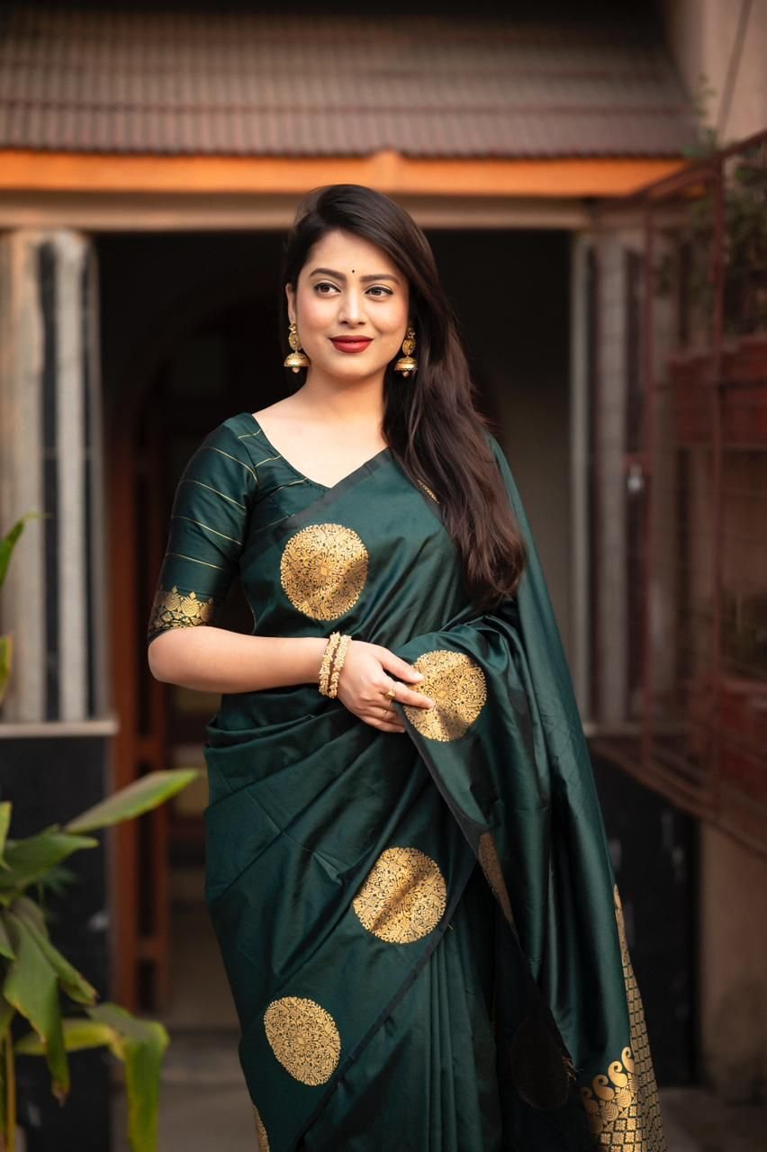 Soft Lichi Silk Saree with Rich Jacquard Weaving - Bottle Green image