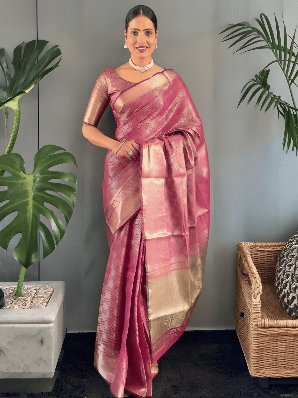 Copper Gold Tissue Silk Saree with Kanchi Border | Bollywood Style Look image 0