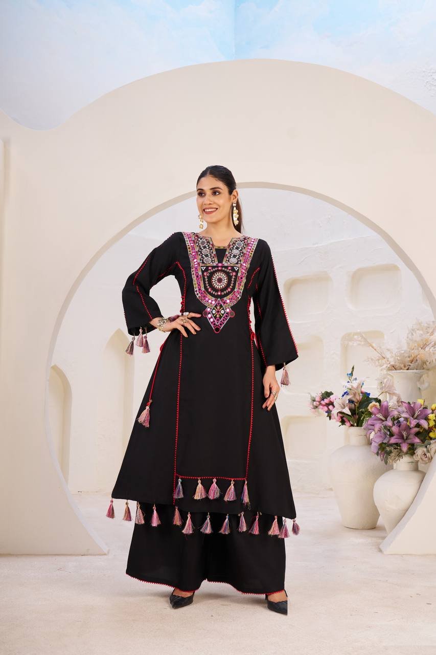 Elegant Reyon Kurti with Palazzo – Thread & Raal Mirror Work with Tassels - Black, XXL image