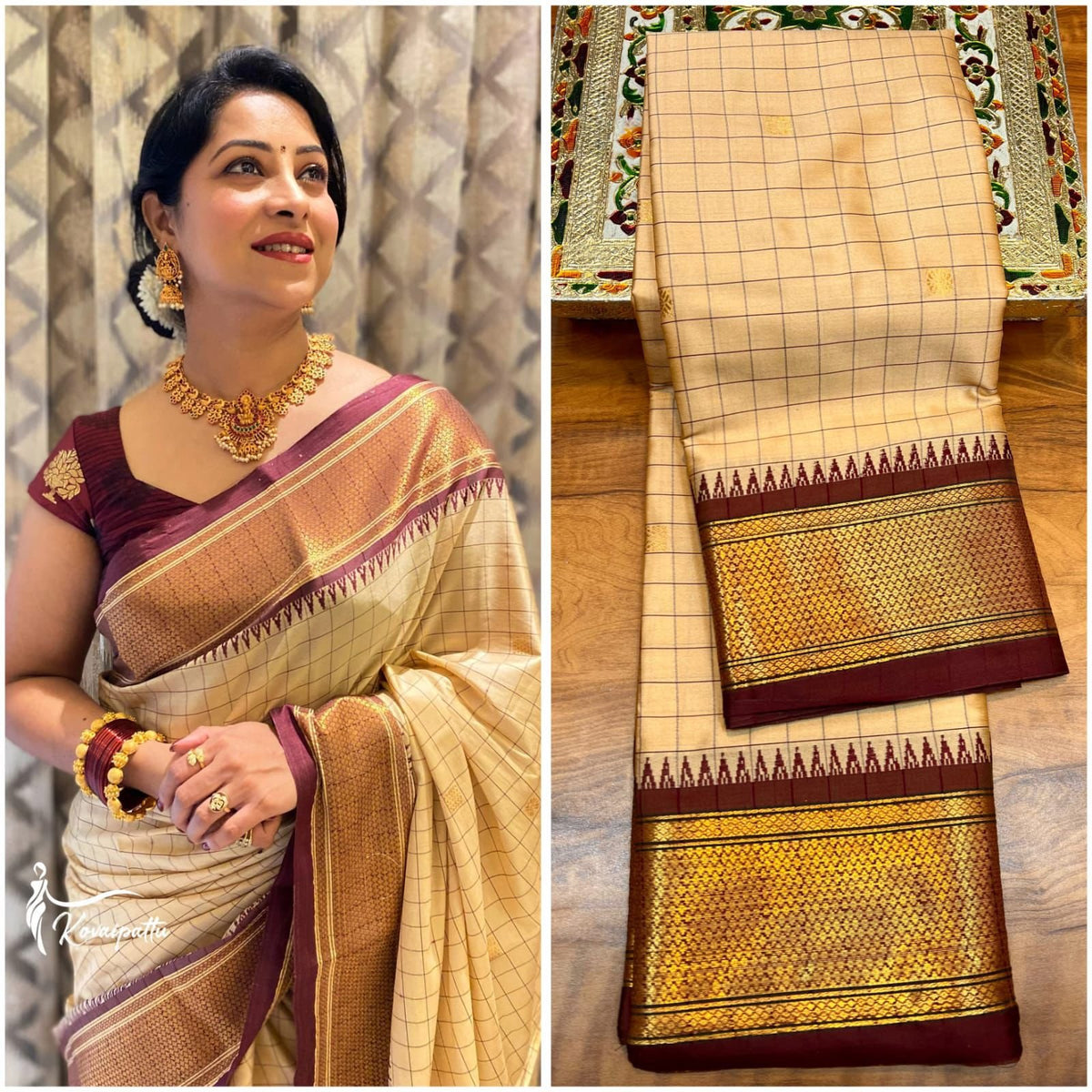 Cotton Checks Minakari Soft Silk Paithani Saree with Contrast Blouse & Tassel Pallu image 1