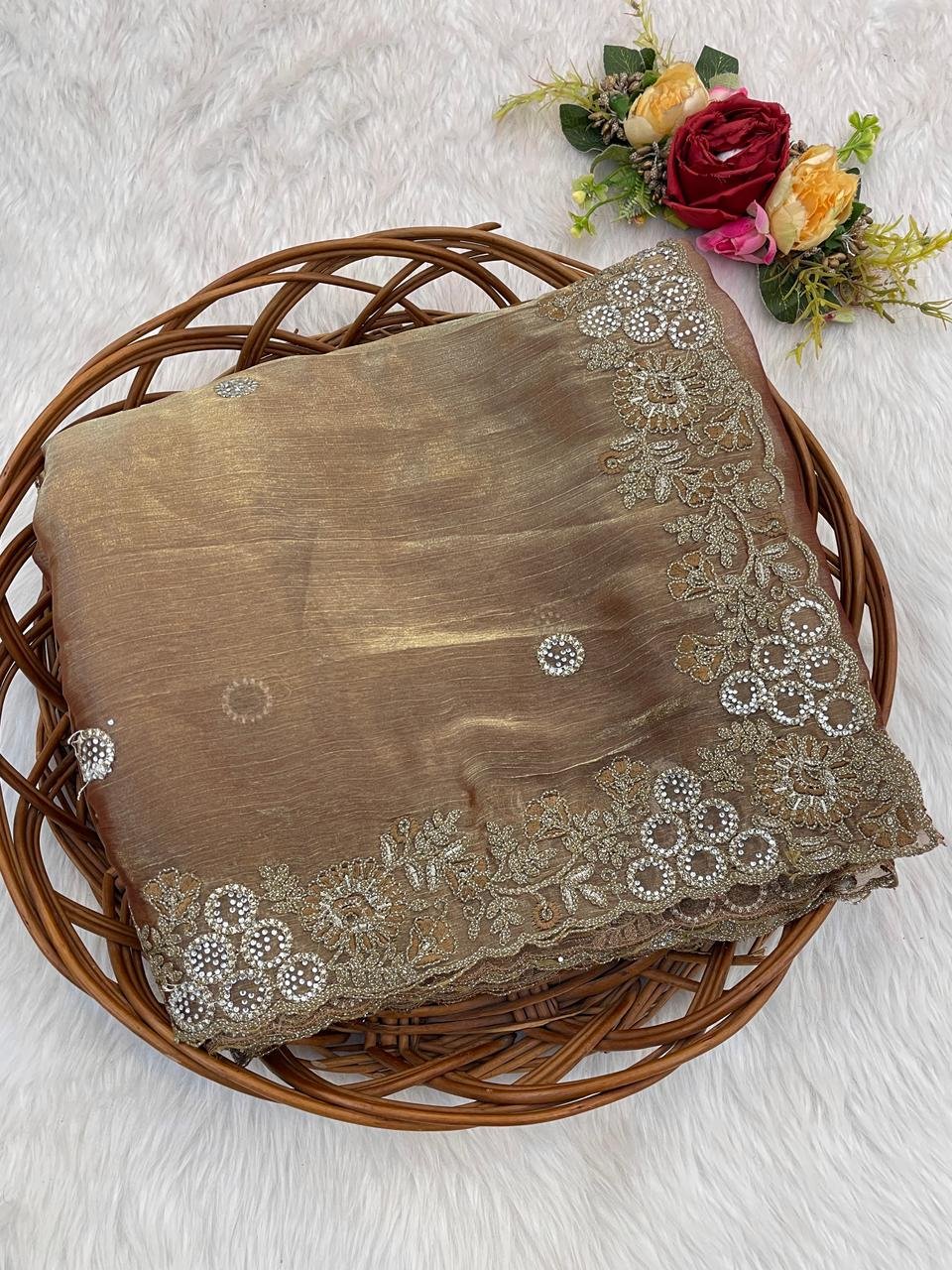 Lotus-13 Jimmy Choo Saree with All-Over Coding Embroidery & Jarkan Diamond Work | Matching Embroidered Blouse | Designer Party Wear - Golden Brown image