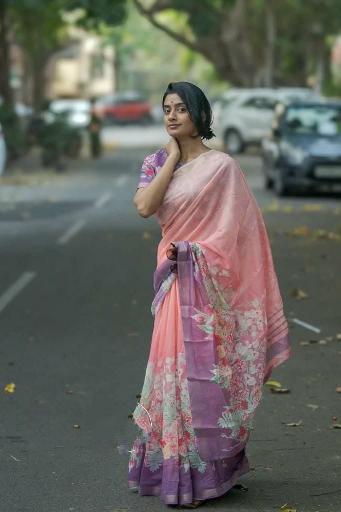 Elegant Linen Saree with Gold Jari Patta & All-Over Digital Print | With Matching Blouse - Peach Pink image