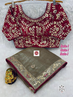 Premium Gold Crush Saree with Rich Gotapatti & Sequence Work + Stitched Blouse - Olive Grey image