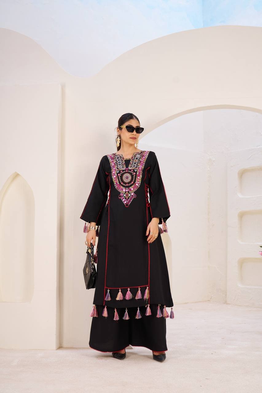 Elegant Reyon Kurti with Palazzo – Thread & Raal Mirror Work with Tassels image 9