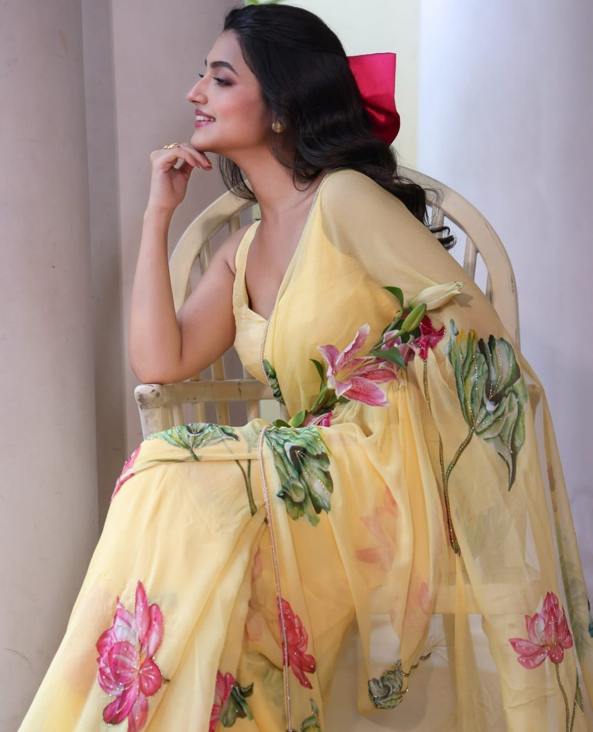 Soft Georgette Saree with Floral Prints & Double Cutdana Moti Border image 3