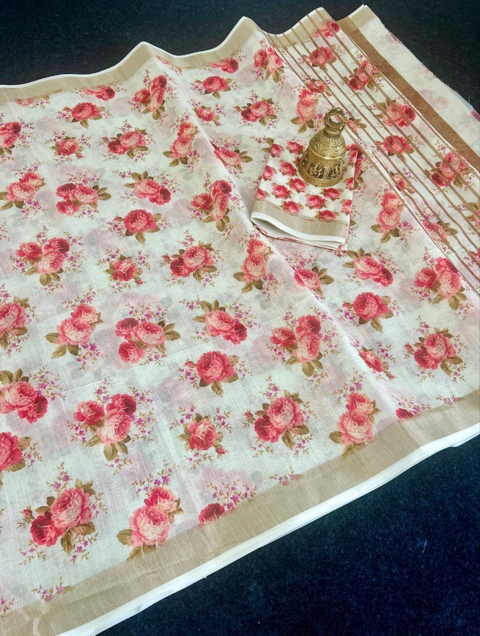 Lightweight Linen Saree with Golden Zari Edges & Colorful Botanical Digital Print | With Blouse image 1