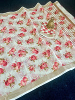 Lightweight Linen Saree with Golden Zari Edges & Colorful Botanical Digital Print | With Blouse image 1