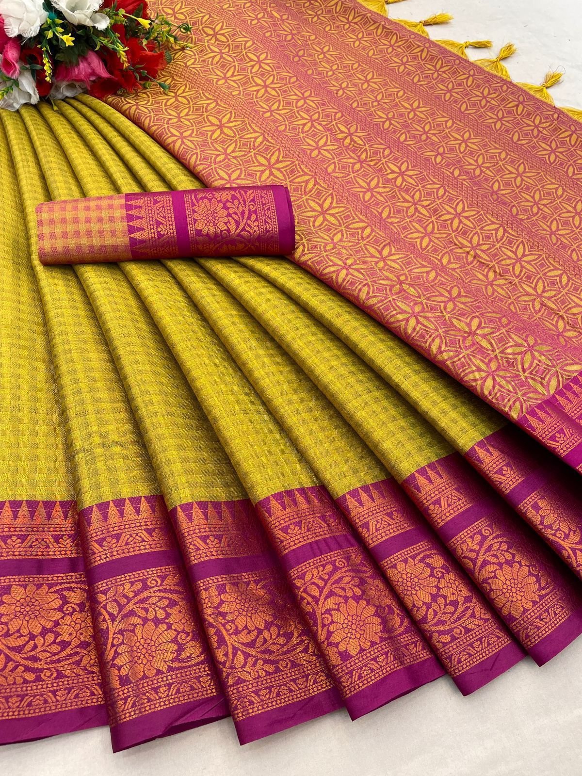 KHANGULAB - Pure Mercerised Copper Silk Saree with Contrast Border & Pallu image 5