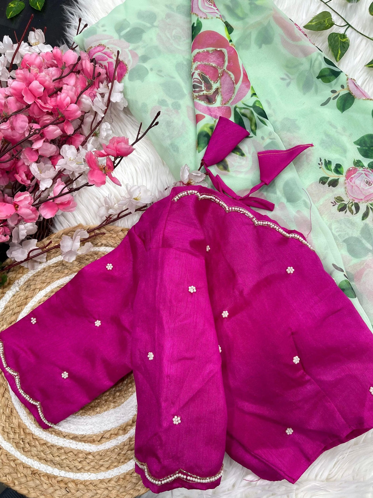 Soft Georgette Saree with Floral Prints & Double Cutdana Moti Border image 6