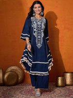 Elegant Reyon Cotton 2-Piece Set with Real Mirror Work - L, Navy Blue image