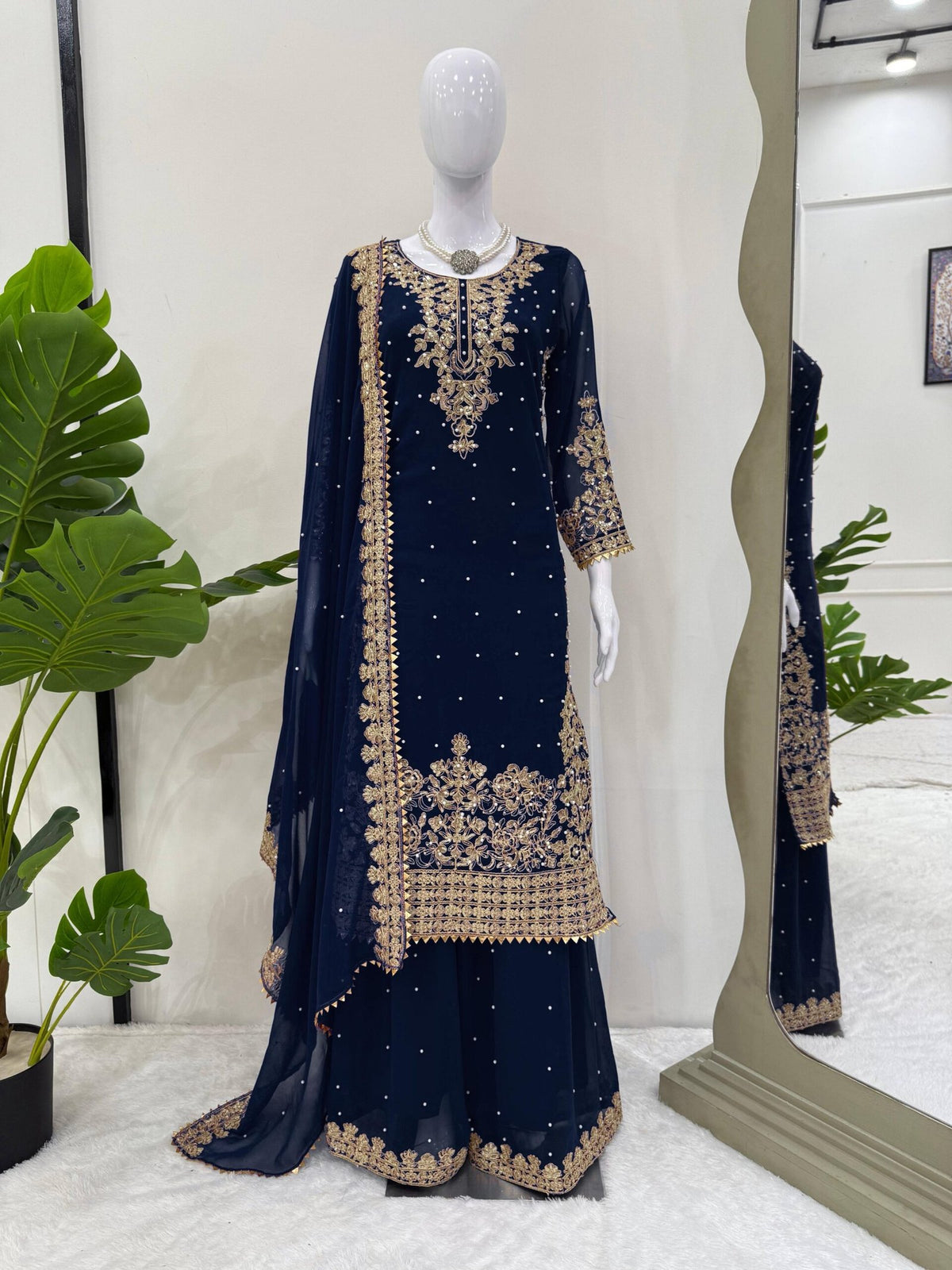Elegant Foux Georgette Top-Plazo-Dupatta Set with Coding, Sequence & Rivet Moti Work image 5