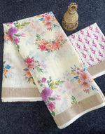 Premium Linen Saree with Subtle Zari Border & Watercolor Style Digital Print | With Blouse image 0