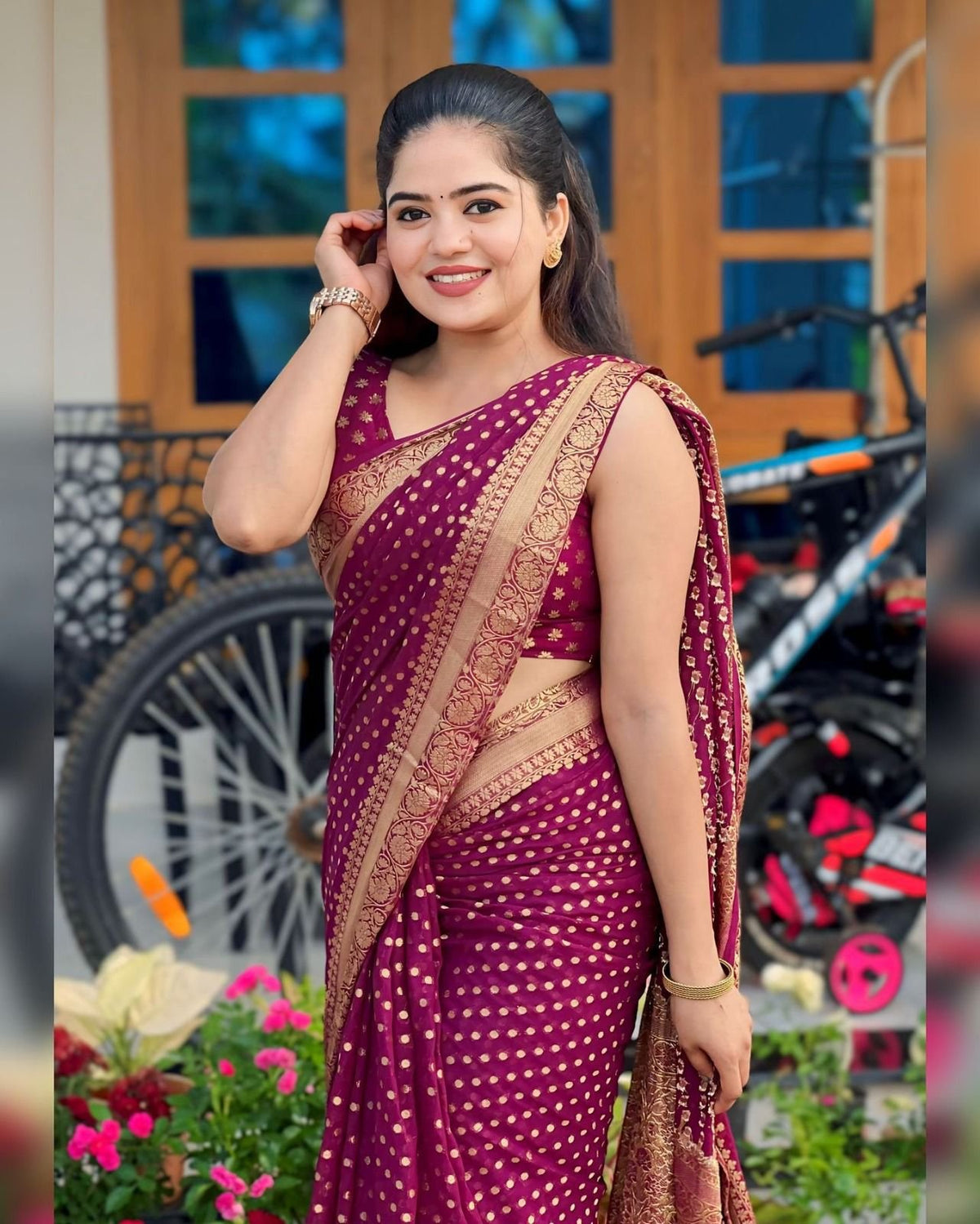 Purple Butti Soft Lichi Silk Saree with Jacquard Work & Contrast Blouse image 3