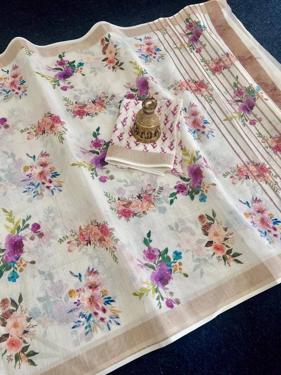 Premium Linen Saree with Subtle Zari Border & Watercolor Style Digital Print | With Blouse image 1