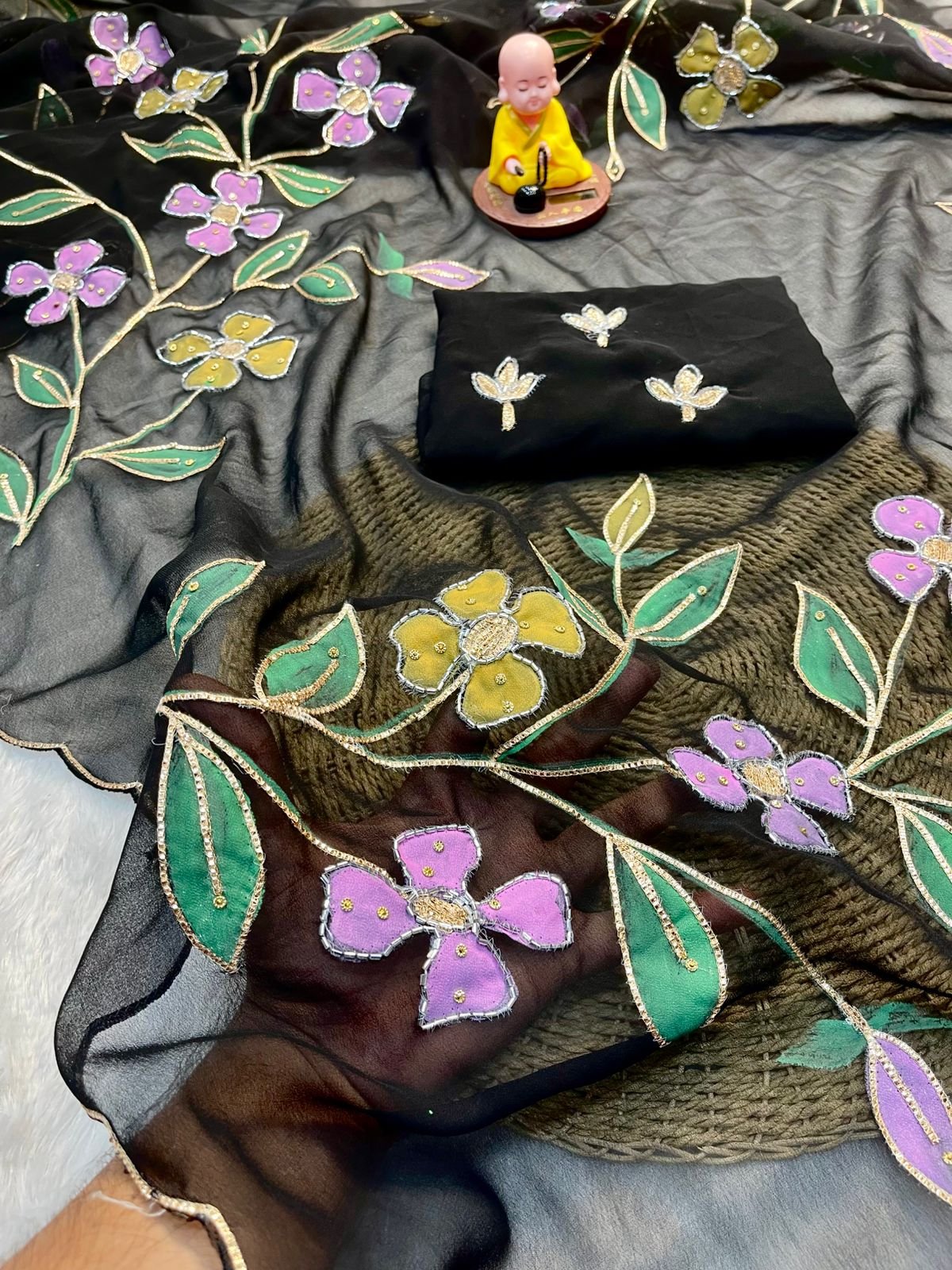 Vanshi Blooming Georgette Saree with Floral Brush Print, Handwork & Khatli Border image 6