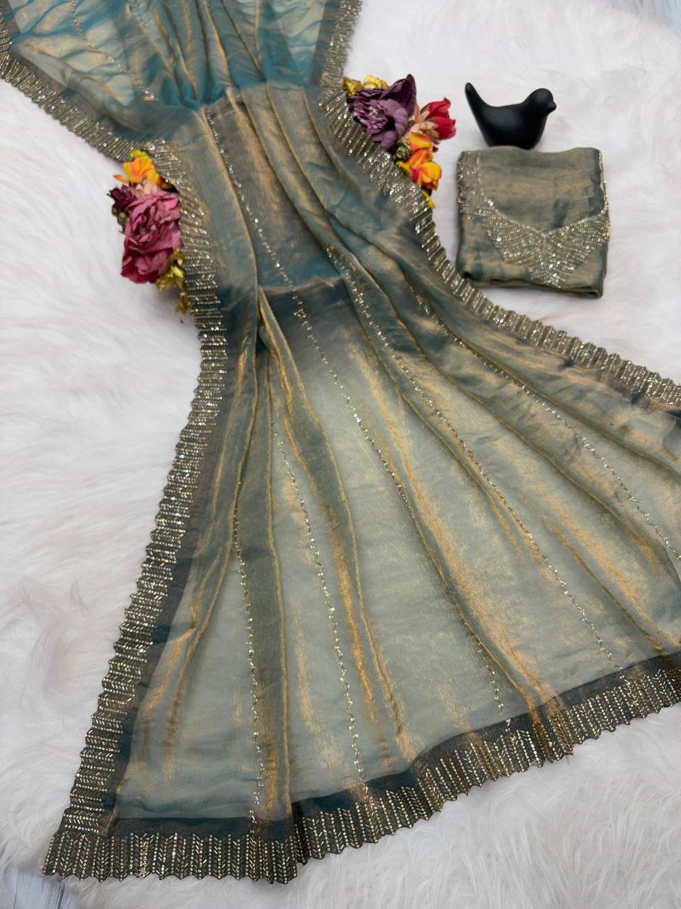 Designer Satin Space Silk Saree with Original Jarkhan Diamond Work – Perfect for Sangeet & Cocktail Parties image 1