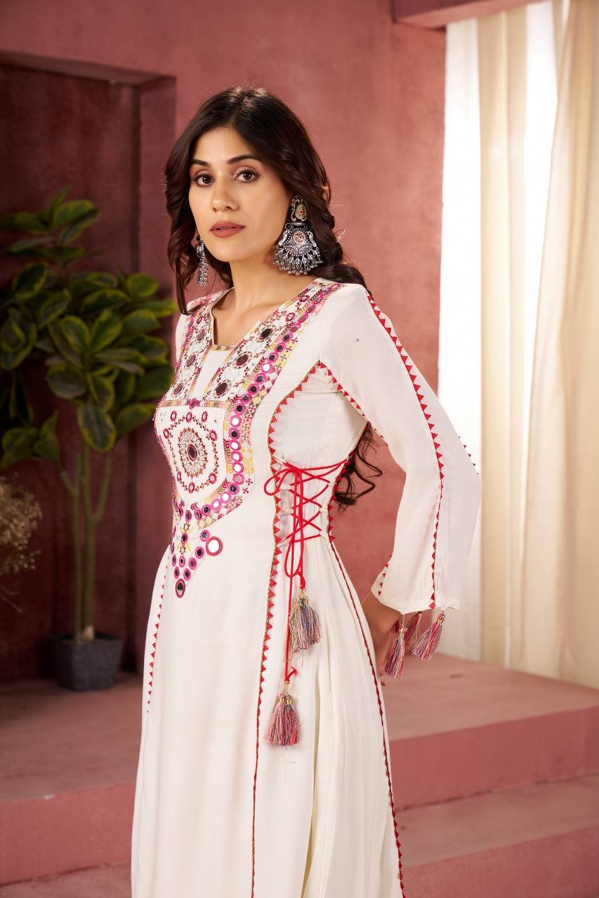 Elegant Reyon Kurti with Palazzo – Thread & Raal Mirror Work with Tassels image 4