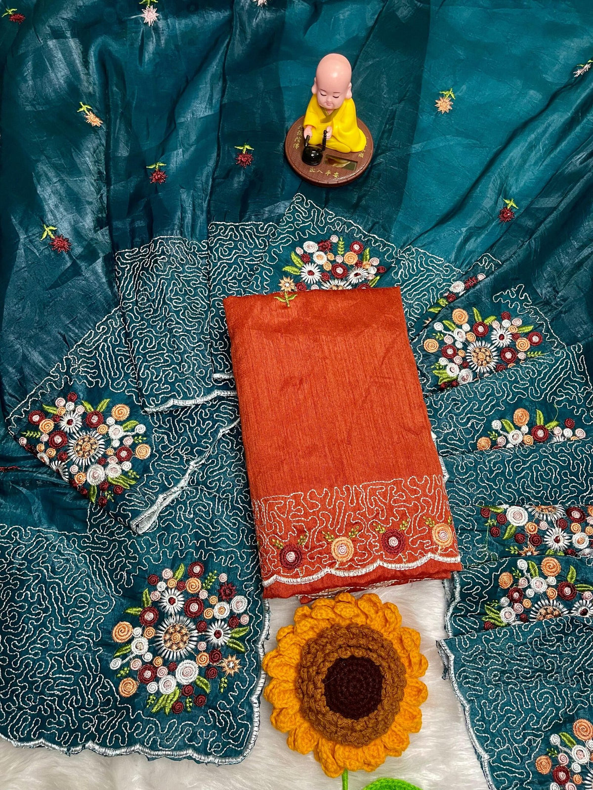 Maya Sarees – Premium Paper Crush Silk with Multi-Thread & Sequence Embroidery - Teal Green image