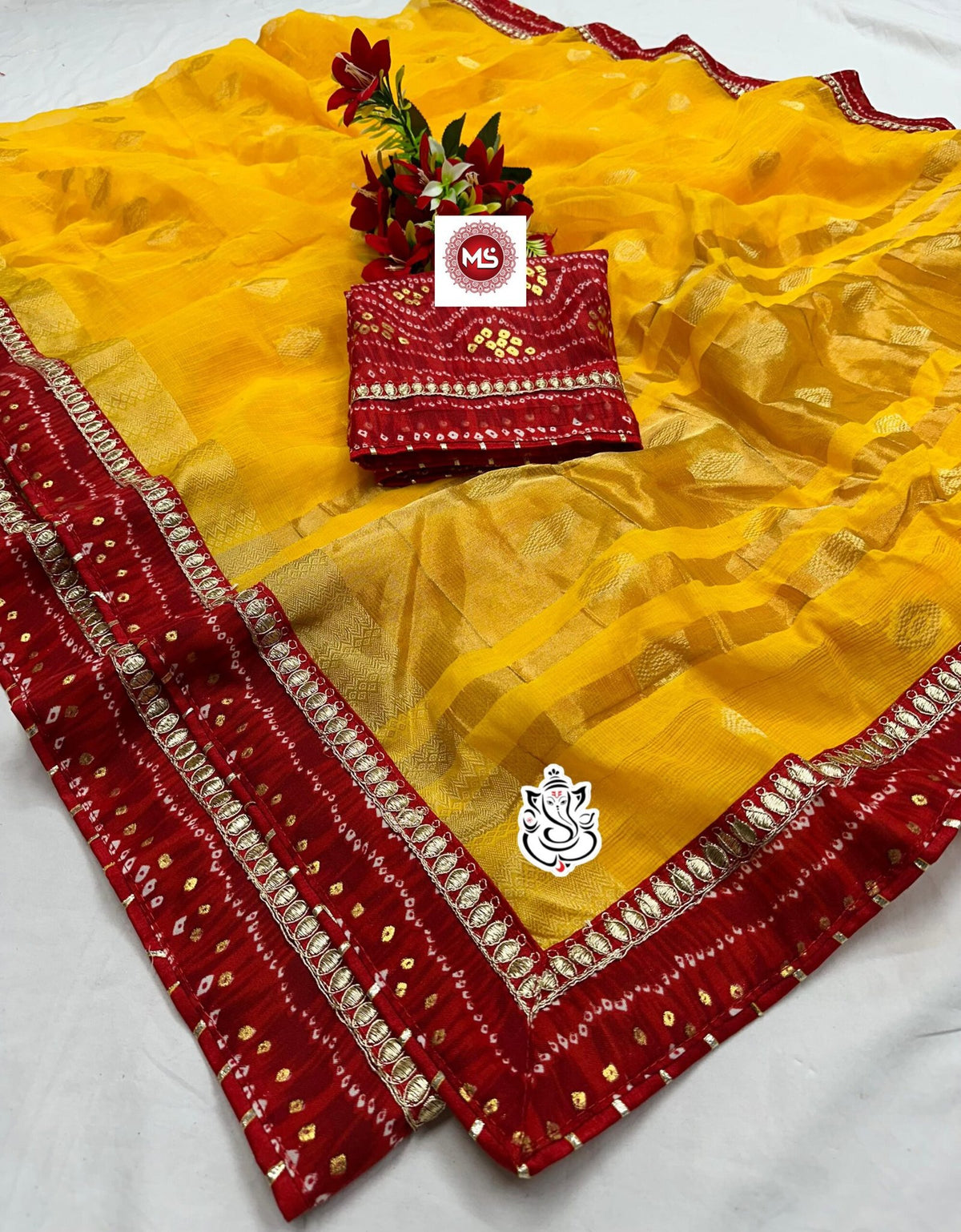 Traditional Moonga Kota Cotton Silk Saree with Bandhej & Coding Sequence Work image 3