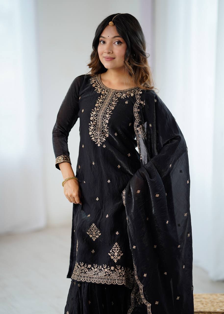Designer Kediya Kurta & Sharara Set in Soft Crunchy Silk with Embroidery, Jari & Sequin Work image 7