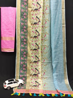 Elegant Gold Linen Saree with 3 Weaving Patta & Digital Print | Latkan Detail | With Blouse image 14