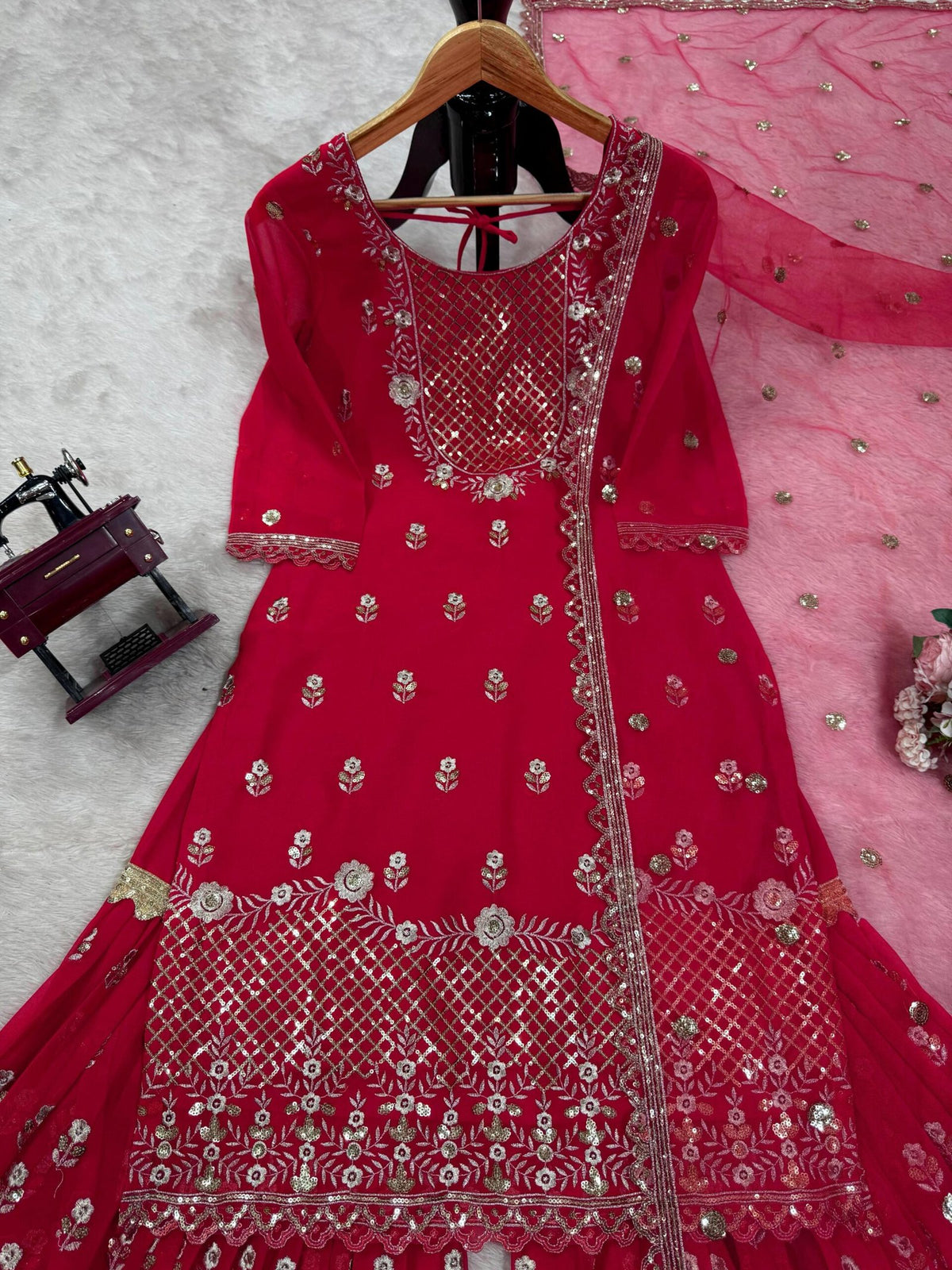 Elegant 3-Piece Foux Gorgette Sharara Set – Sequins Embellished Top, Sharara & Dupatta image 2