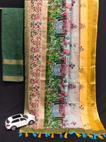 Elegant Gold Linen Saree with 3 Weaving Patta & Digital Print | Latkan Detail | With Blouse image 15