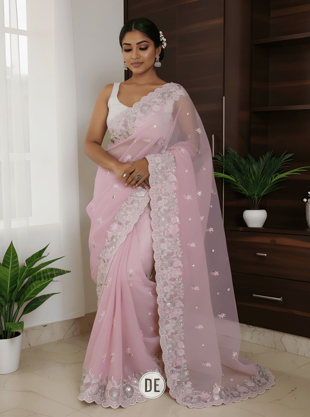 PALAN Soft Crunchy Silk Saree with All-Over Buti Embroidery & Elegant Cutwork Border | Fully Embroidered Blouse image 0