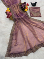 Designer Satin Space Silk Saree with Original Jarkhan Diamond Work – Perfect for Sangeet & Cocktail Parties image 5