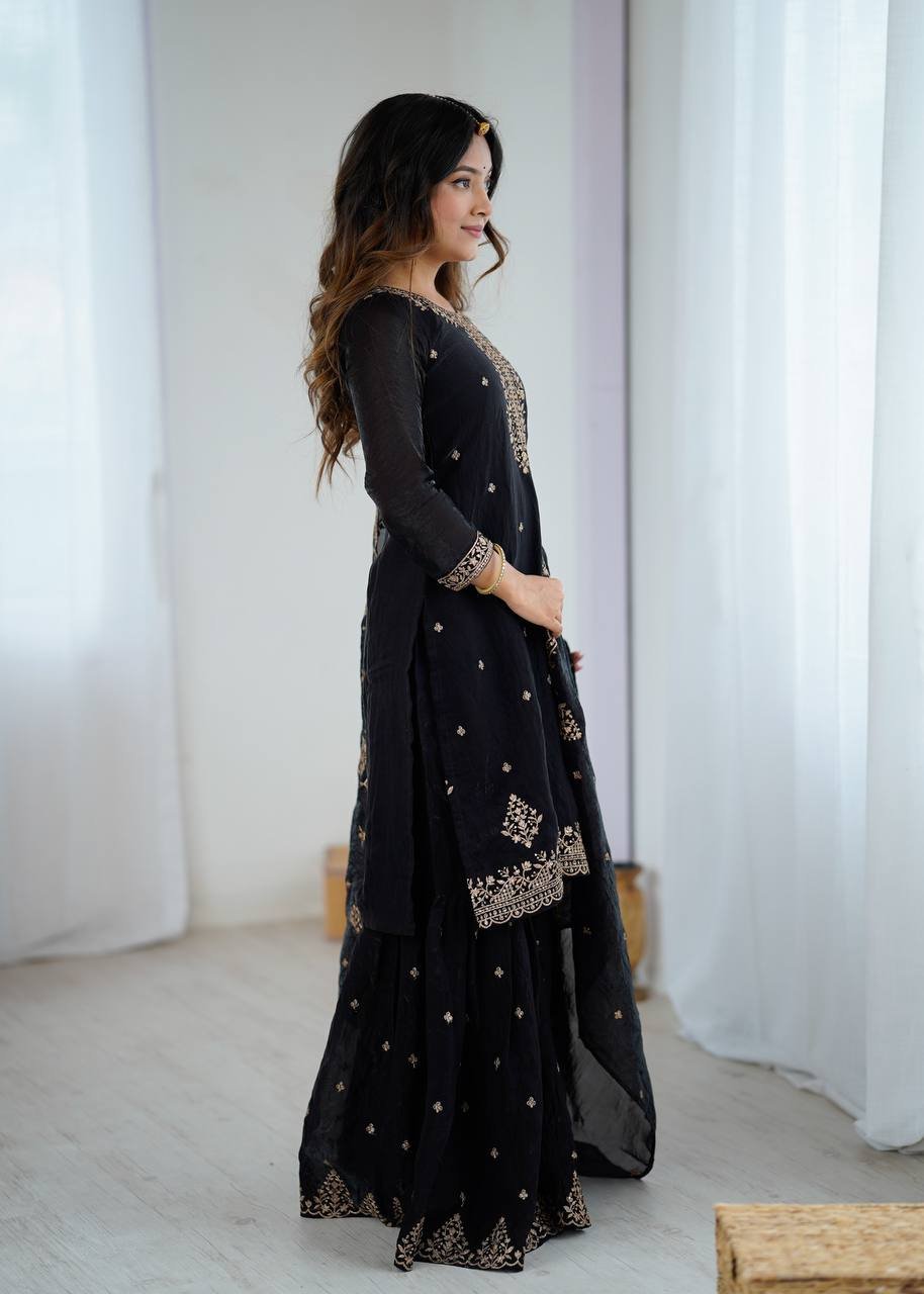 Designer Kediya Kurta & Sharara Set in Soft Crunchy Silk with Embroidery, Jari & Sequin Work image 8