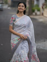 Elegant Linen Saree with Gold Jari Patta & All-Over Digital Print | With Matching Blouse image 0