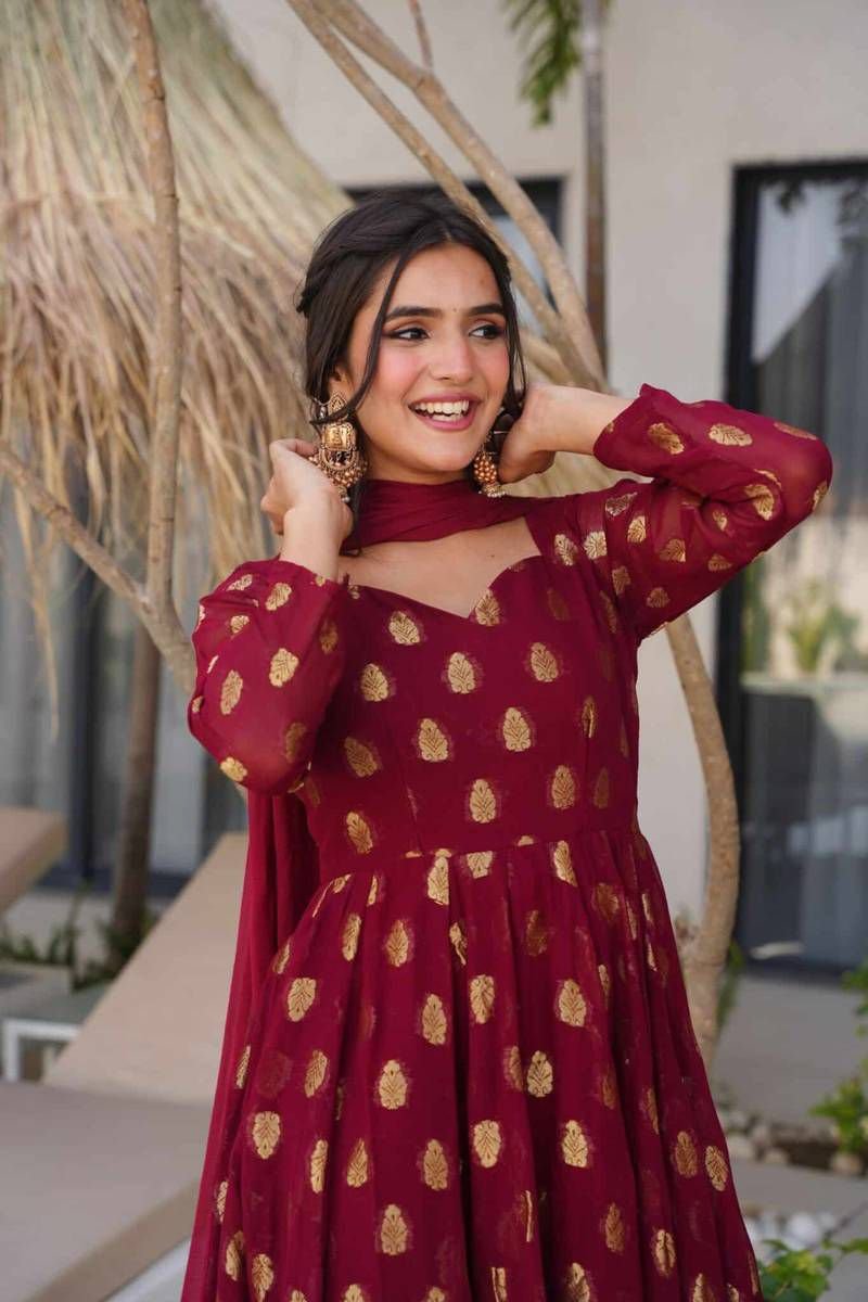 Elegant 3-Piece Anarkali Set – Jequard Anarkali with Micro Cotton Pants & Foux Gorgette Dupatta image 0