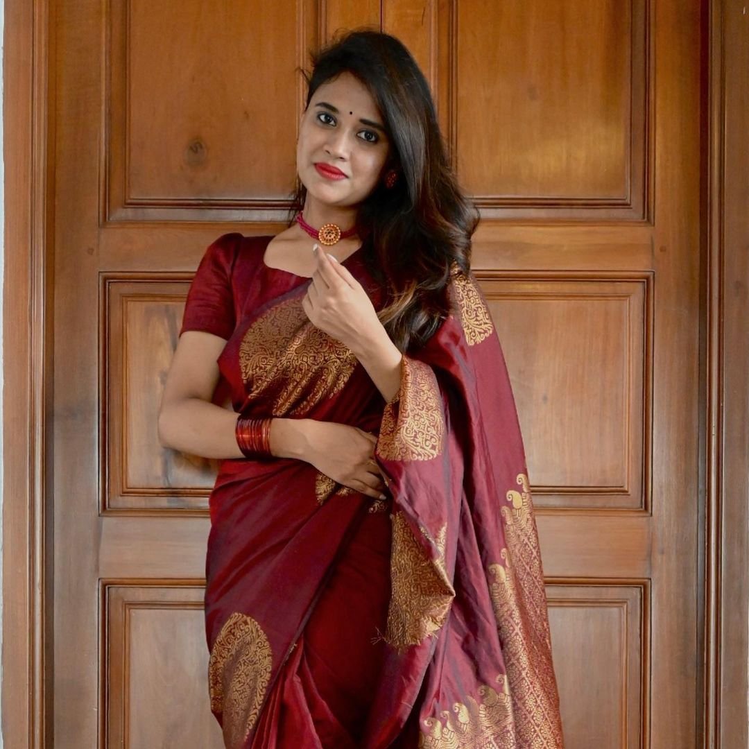Soft Lichi Silk Saree with Rich Jacquard Weaving - Maroon image
