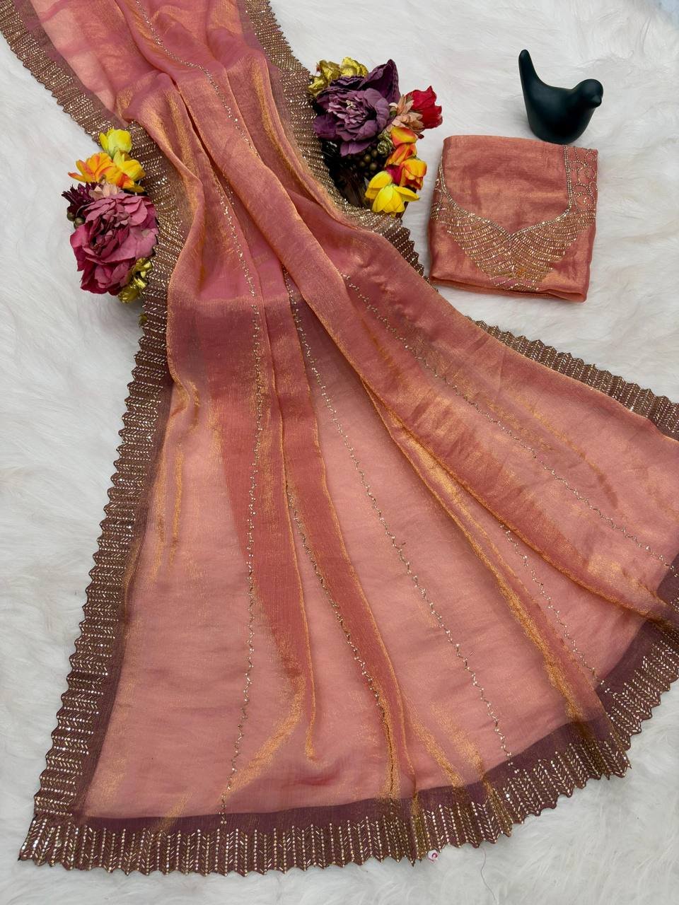 Designer Satin Space Silk Saree with Original Jarkhan Diamond Work – Perfect for Sangeet & Cocktail Parties image 0