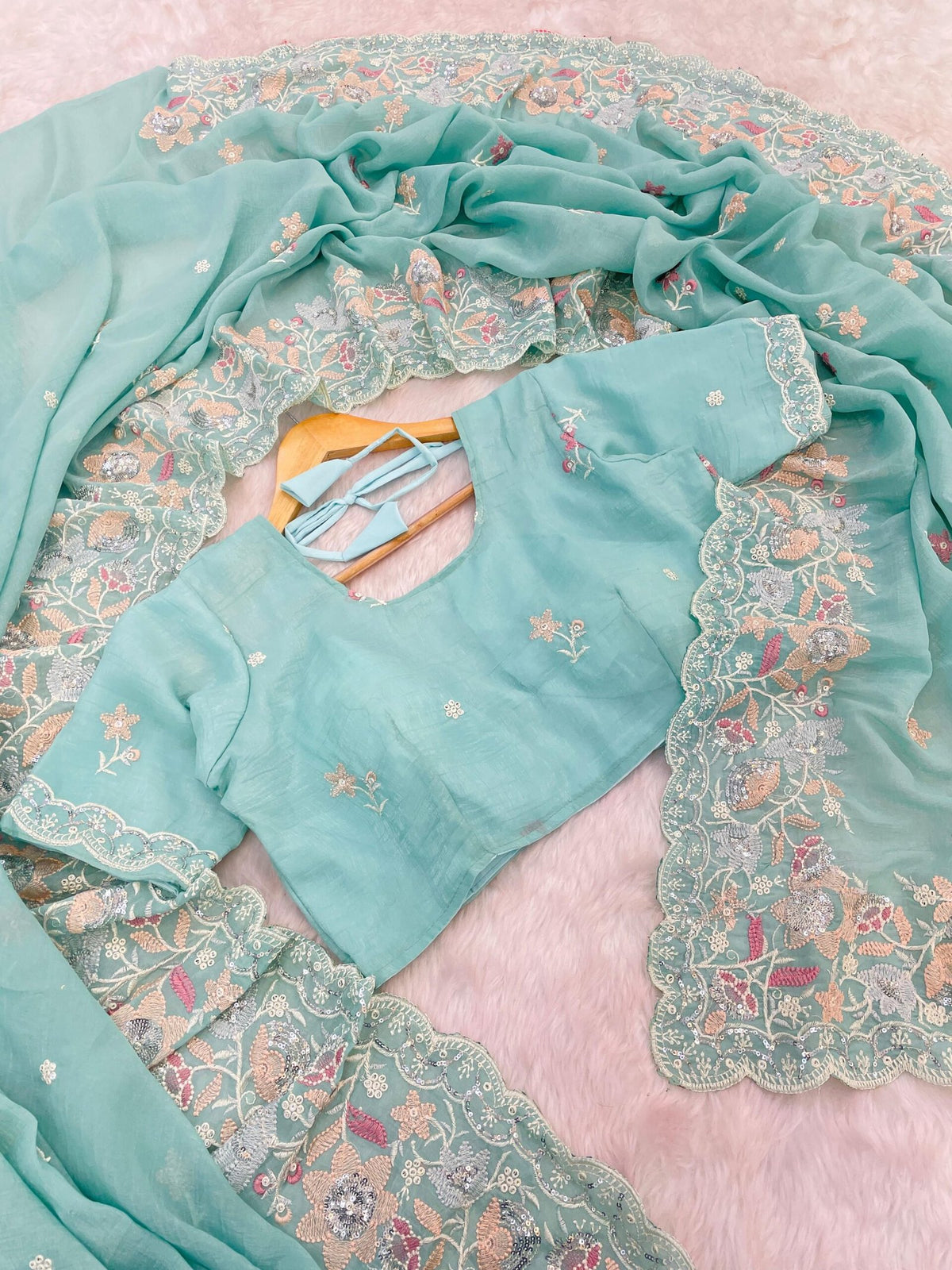 PALAN Soft Crunchy Silk Saree with All-Over Buti Embroidery & Elegant Cutwork Border | Fully Embroidered Blouse image 9