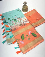 Elegant Gold Linen Saree with 3 Weaving Patta & Digital Print | Latkan Detail | With Blouse image 0